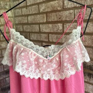 Nos vintage Pollinaise 2x 22 24 Pink Nylon Cream lace gown USA Made Oldstock